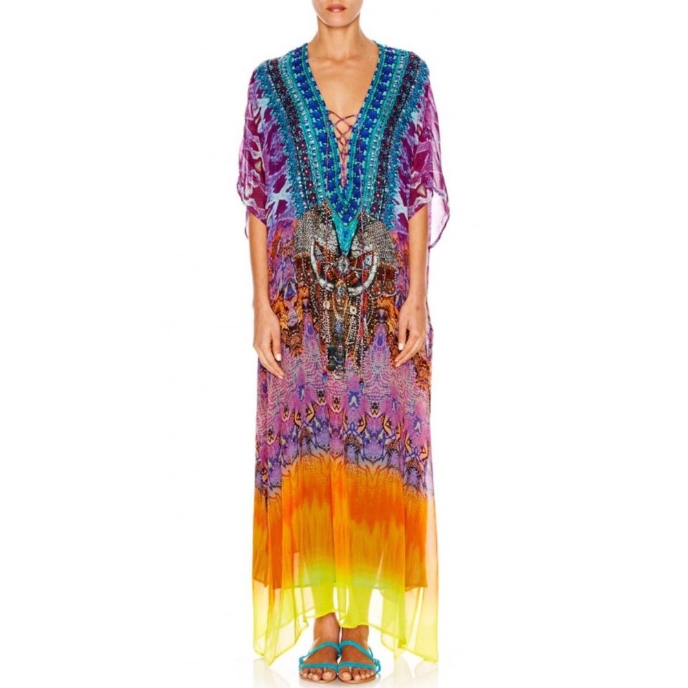 Bohemian Print Kaftan Maxi Dress Purple Yellow Lace Up V-Neck Size S/M